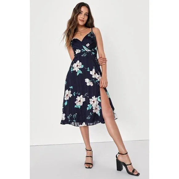 Lulus All About Love Navy Blue Floral Print Midi Dress - Size XS - Picture 1 of 1